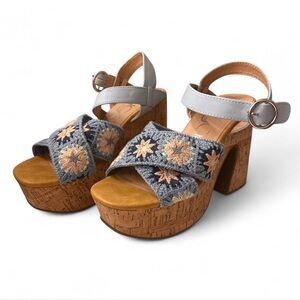 Sugar Blue and Tan Embroidered Platform Sandals